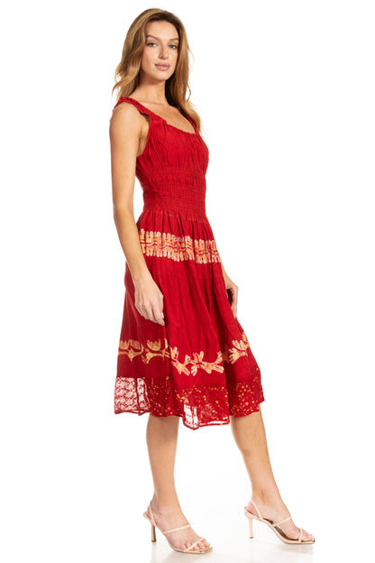 Women's Off-Shoulder Smocked Ruffle Midi Dress – Tie Dye & Embroidery