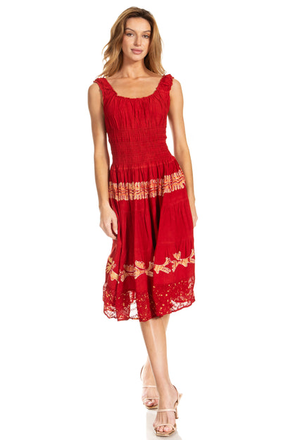 Women's Off-Shoulder Smocked Ruffle Midi Dress – Tie Dye & Embroidery