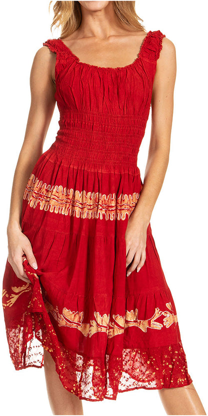 Women's Off-Shoulder Smocked Ruffle Midi Dress – Tie Dye & Embroidery