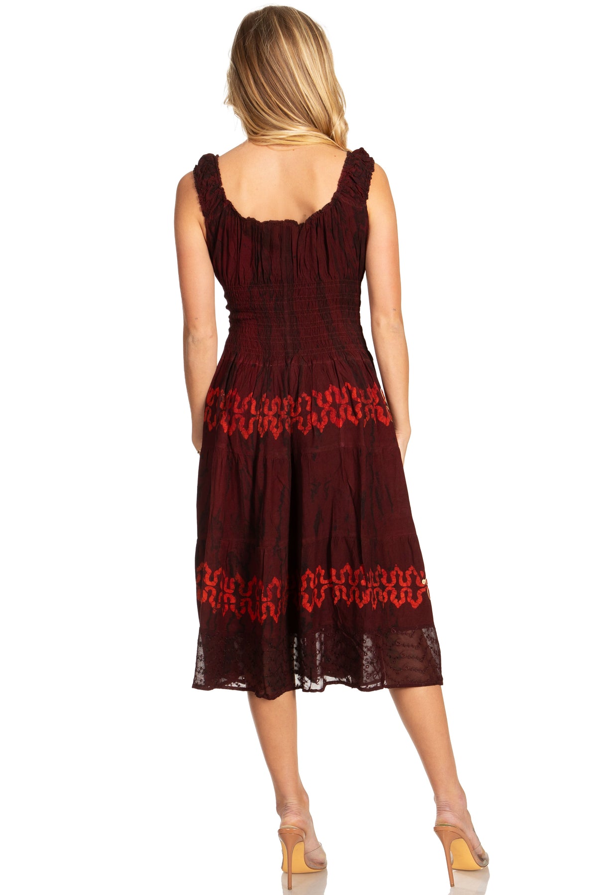 Women's Off-Shoulder Smocked Ruffle Midi Dress – Tie Dye & Embroidery