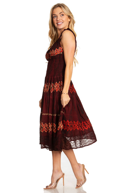 Women's Off-Shoulder Smocked Ruffle Midi Dress – Tie Dye & Embroidery