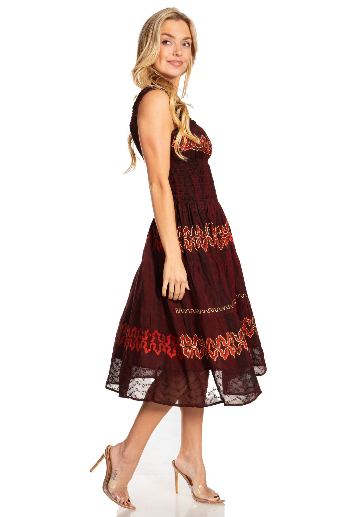 Women's Off-Shoulder Smocked Ruffle Midi Dress – Tie Dye & Embroidery