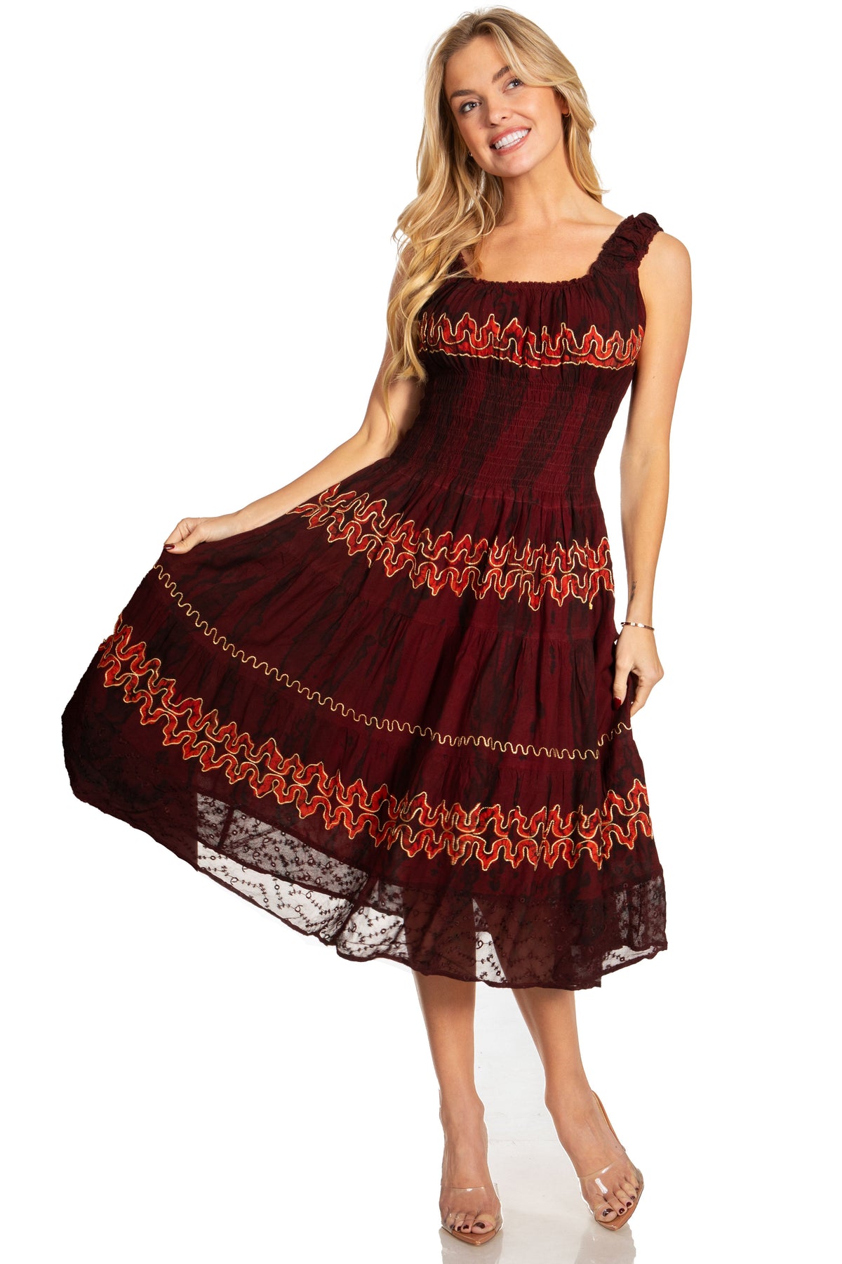 Women's Off-Shoulder Smocked Ruffle Midi Dress – Tie Dye & Embroidery