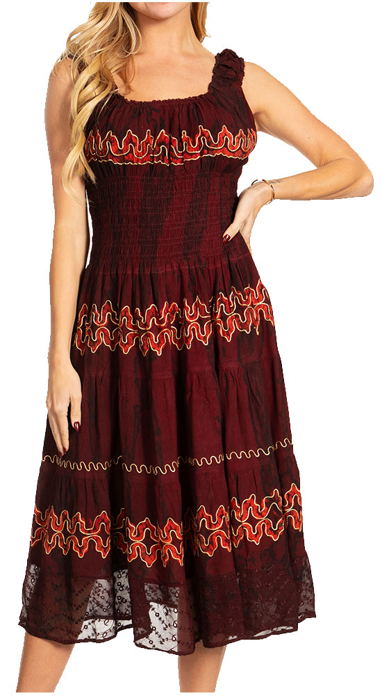 Women's Off-Shoulder Smocked Ruffle Midi Dress – Tie Dye & Embroidery
