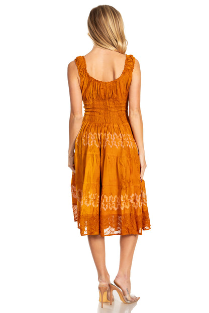 Women's Off-Shoulder Smocked Ruffle Midi Dress – Tie Dye & Embroidery
