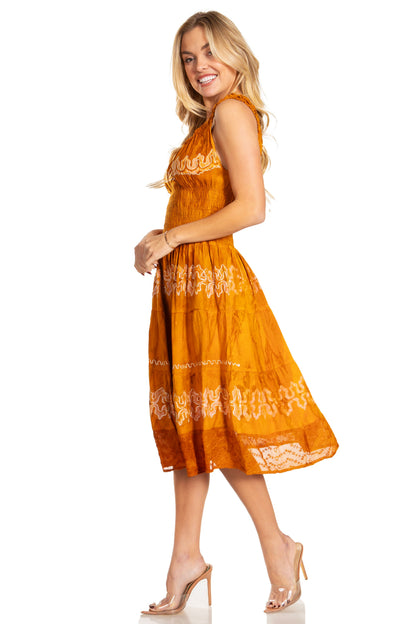 Women's Off-Shoulder Smocked Ruffle Midi Dress – Tie Dye & Embroidery