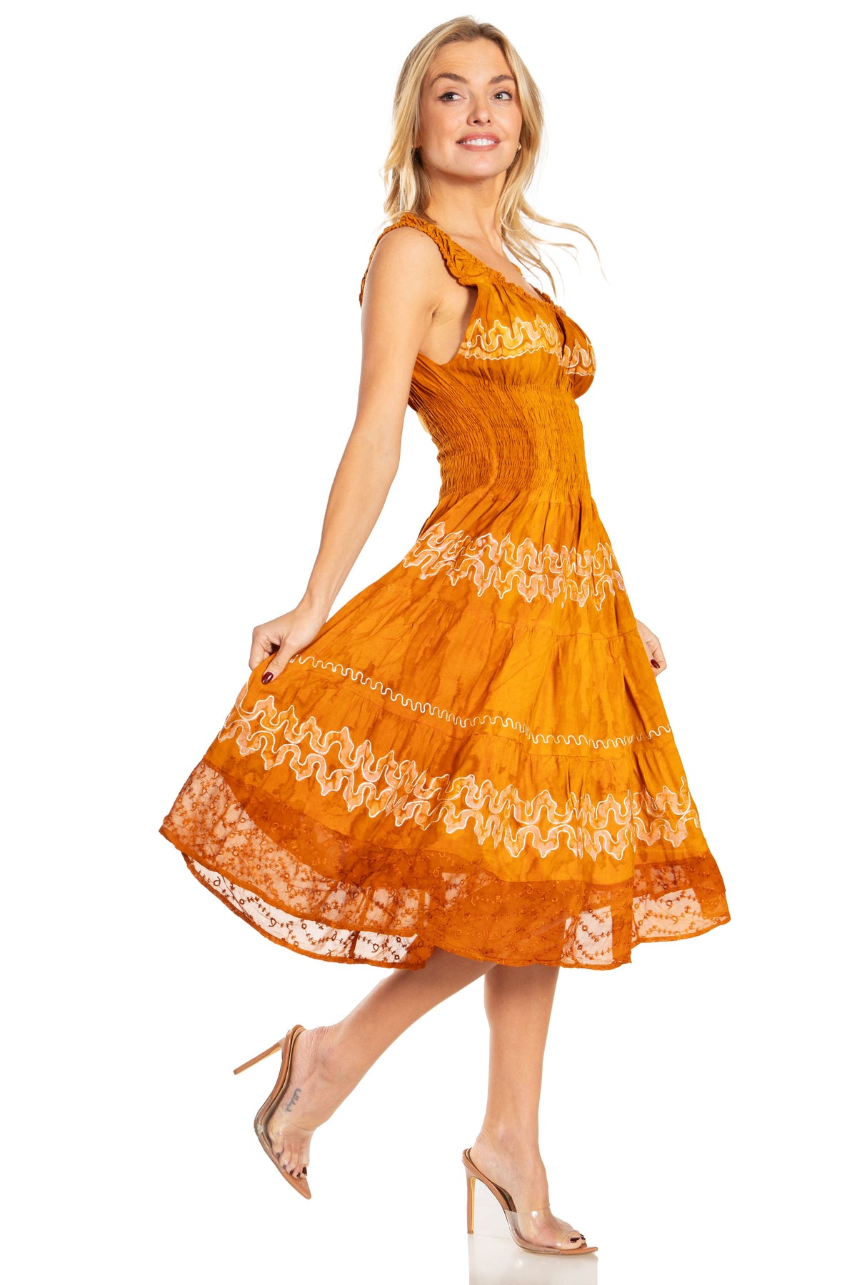 Women's Off-Shoulder Smocked Ruffle Midi Dress – Tie Dye & Embroidery