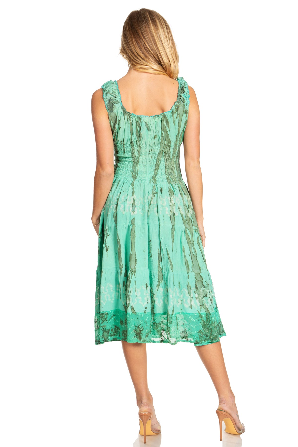 Women's Off-Shoulder Smocked Ruffle Midi Dress – Tie Dye & Embroidery