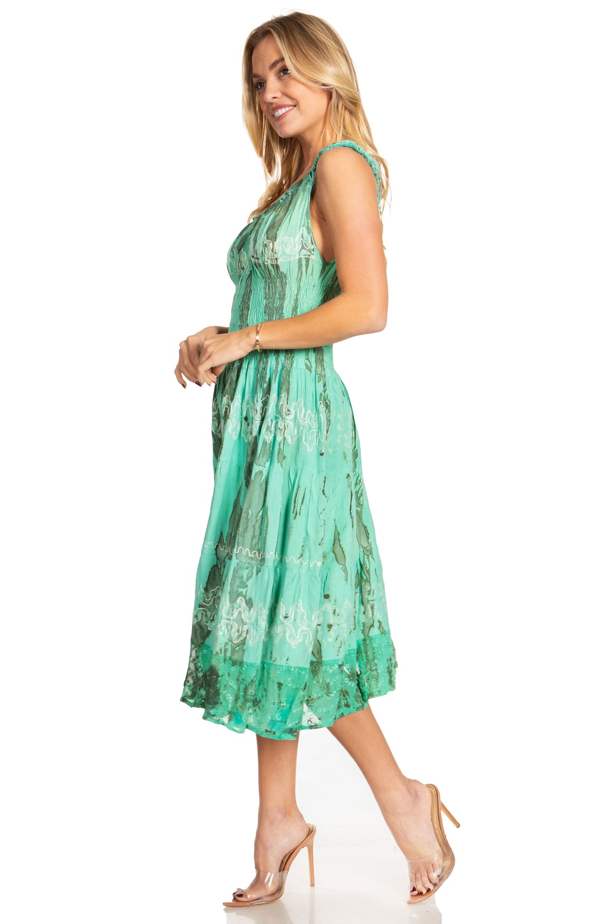 Women's Off-Shoulder Smocked Ruffle Midi Dress – Tie Dye & Embroidery