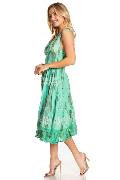 Women's Off-Shoulder Smocked Ruffle Midi Dress – Tie Dye & Embroidery