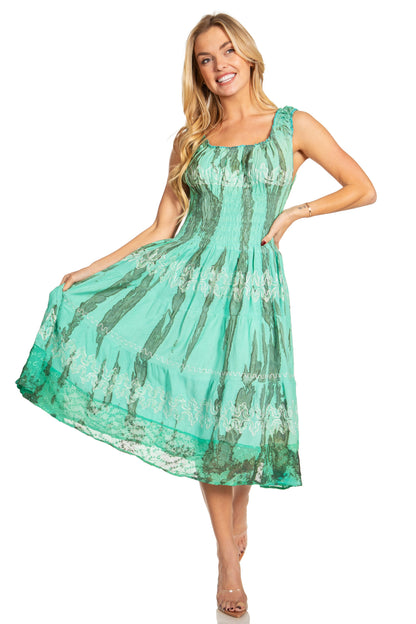 Women's Off-Shoulder Smocked Ruffle Midi Dress – Tie Dye & Embroidery