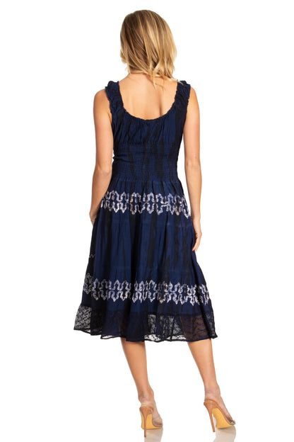 Women's Off-Shoulder Smocked Ruffle Midi Dress – Tie Dye & Embroidery