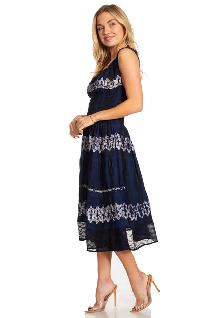 Women's Off-Shoulder Smocked Ruffle Midi Dress – Tie Dye & Embroidery