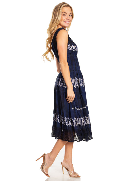 Women's Off-Shoulder Smocked Ruffle Midi Dress – Tie Dye & Embroidery