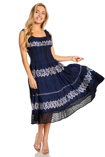 Women's Off-Shoulder Smocked Ruffle Midi Dress – Tie Dye & Embroidery