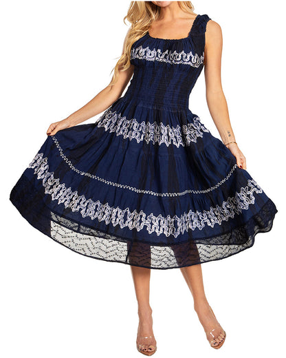 Women's Off-Shoulder Smocked Ruffle Midi Dress – Tie Dye & Embroidery