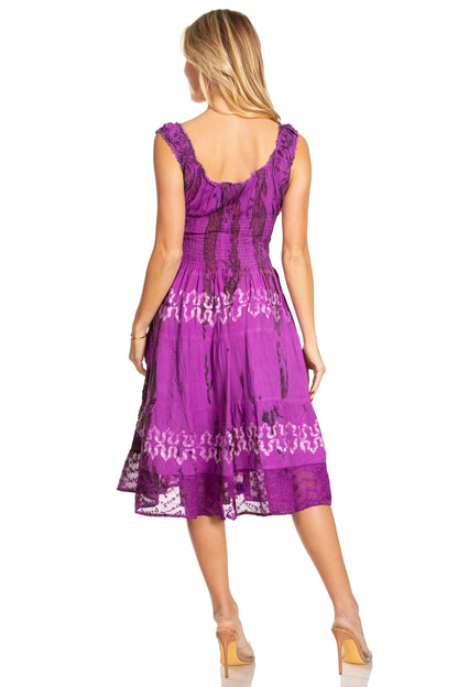 Women's Off-Shoulder Smocked Ruffle Midi Dress – Tie Dye & Embroidery