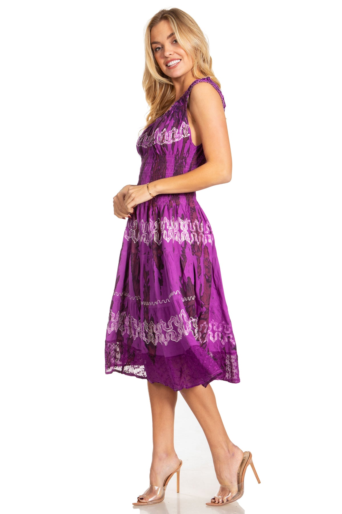 Women's Off-Shoulder Smocked Ruffle Midi Dress – Tie Dye & Embroidery