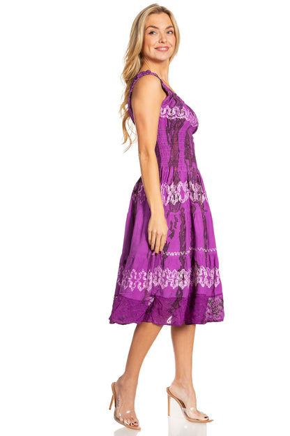Women's Off-Shoulder Smocked Ruffle Midi Dress – Tie Dye & Embroidery