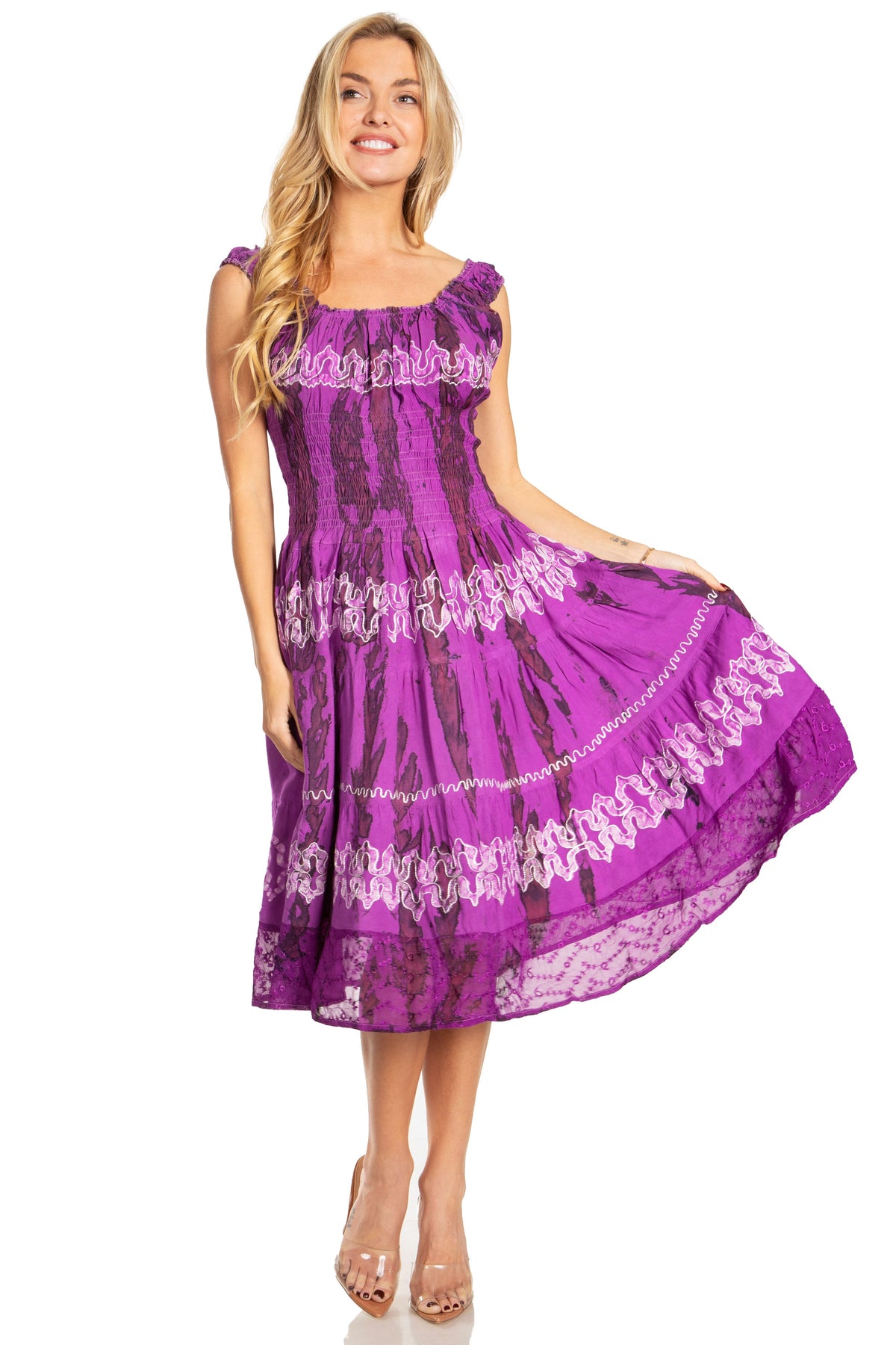 Women's Off-Shoulder Smocked Ruffle Midi Dress – Tie Dye & Embroidery