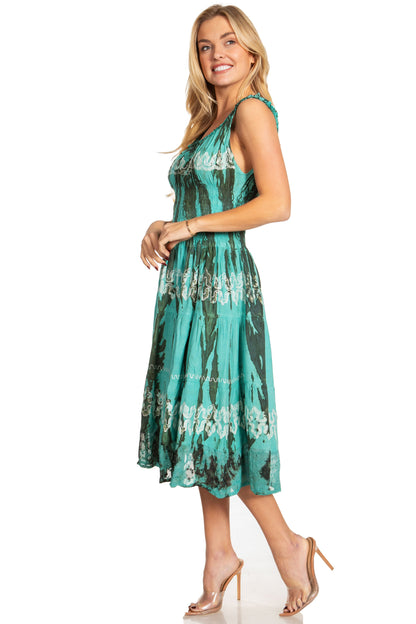 Women's Off-Shoulder Smocked Ruffle Midi Dress – Tie Dye & Embroidery