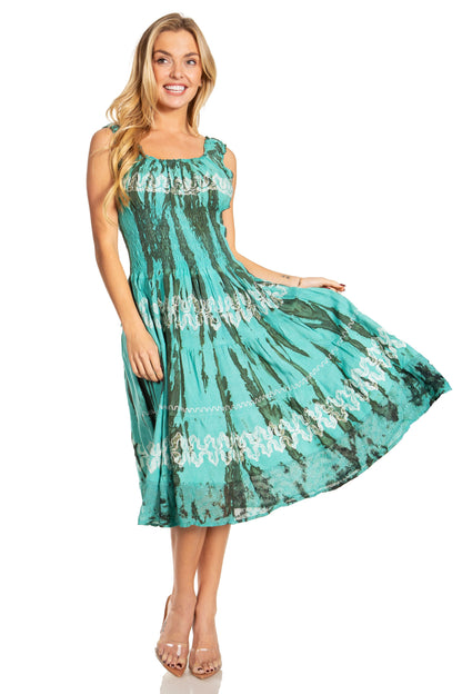 Women's Off-Shoulder Smocked Ruffle Midi Dress – Tie Dye & Embroidery