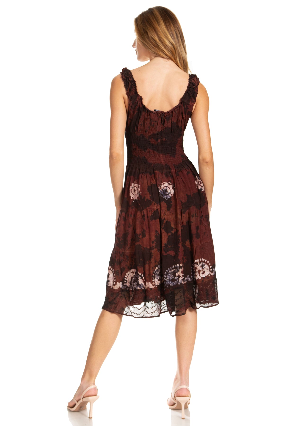 Women's Off-Shoulder Smocked Ruffle Midi Dress – Tie Dye & Embroidery