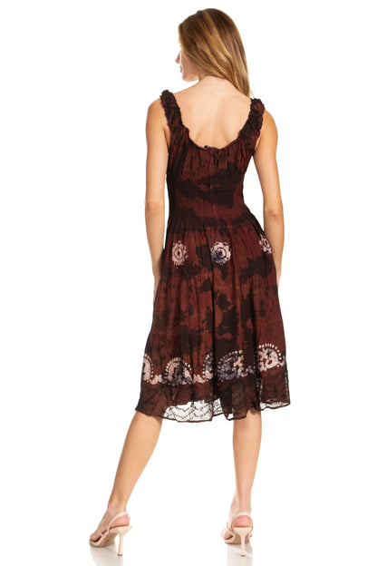 Women's Off-Shoulder Smocked Ruffle Midi Dress – Tie Dye & Embroidery