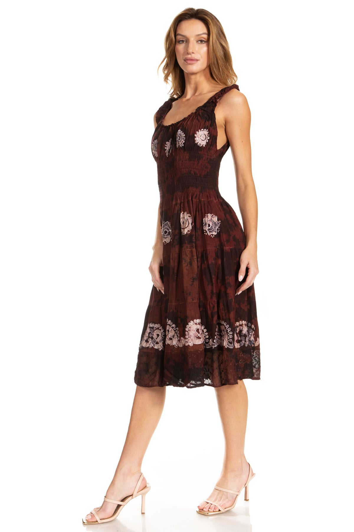 Women's Off-Shoulder Smocked Ruffle Midi Dress – Tie Dye & Embroidery