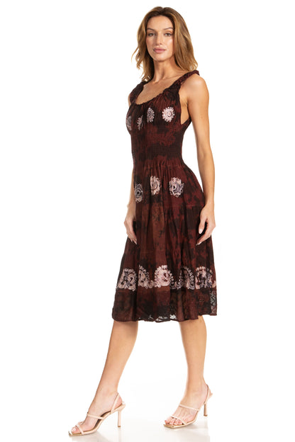 Women's Off-Shoulder Smocked Ruffle Midi Dress – Tie Dye & Embroidery