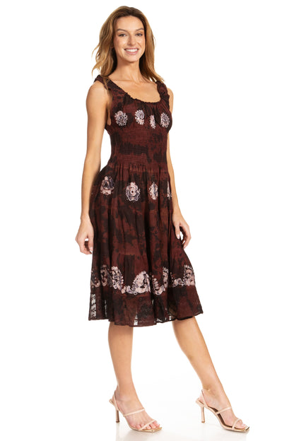 Women's Off-Shoulder Smocked Ruffle Midi Dress – Tie Dye & Embroidery