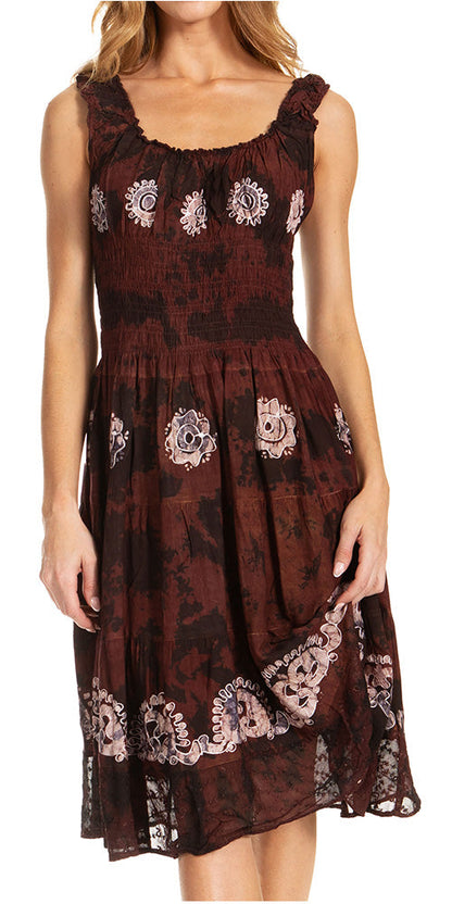 Women's Off-Shoulder Smocked Ruffle Midi Dress – Tie Dye & Embroidery