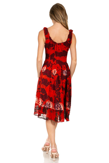 Women's Off-Shoulder Smocked Ruffle Midi Dress – Tie Dye & Embroidery