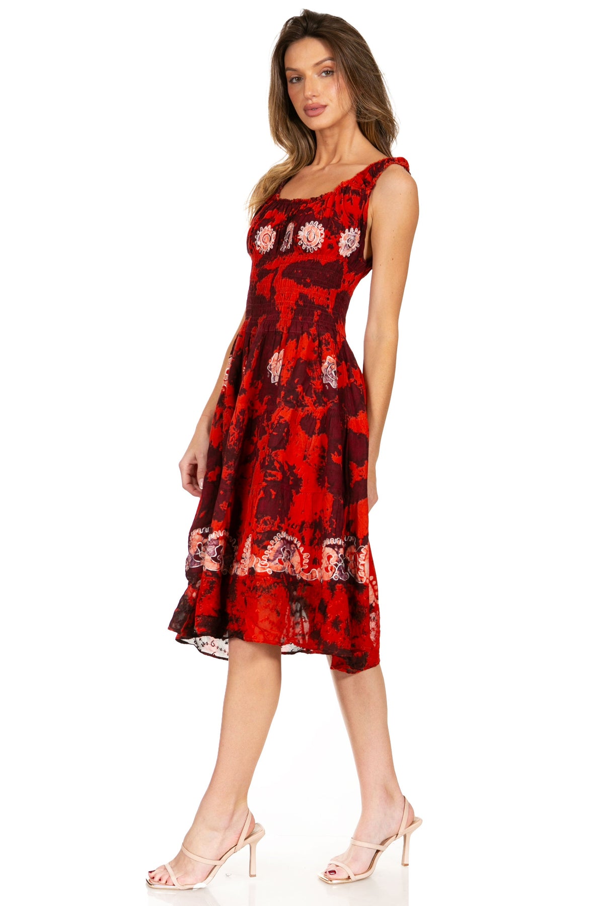 Women's Off-Shoulder Smocked Ruffle Midi Dress – Tie Dye & Embroidery
