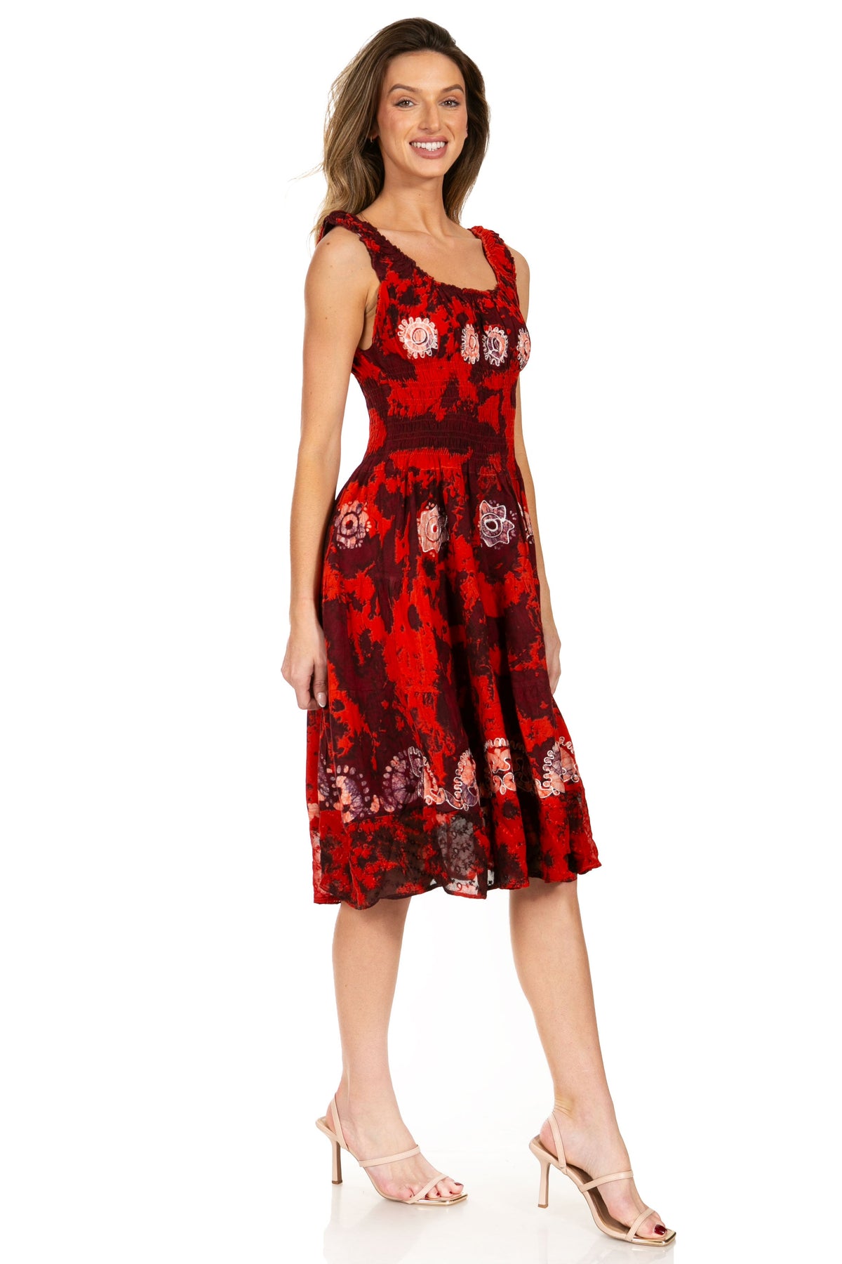 Women's Off-Shoulder Smocked Ruffle Midi Dress – Tie Dye & Embroidery