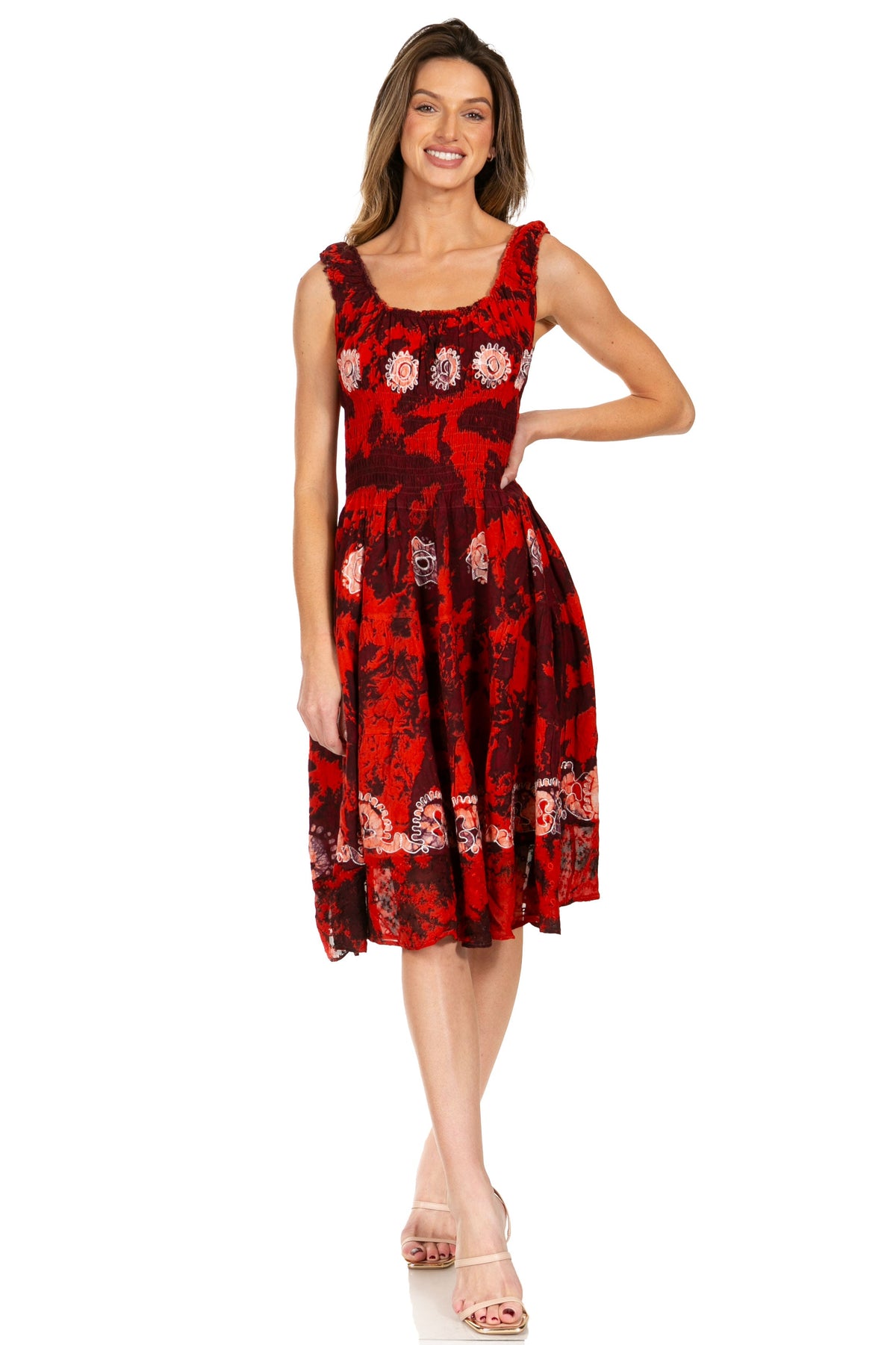 Women's Off-Shoulder Smocked Ruffle Midi Dress – Tie Dye & Embroidery