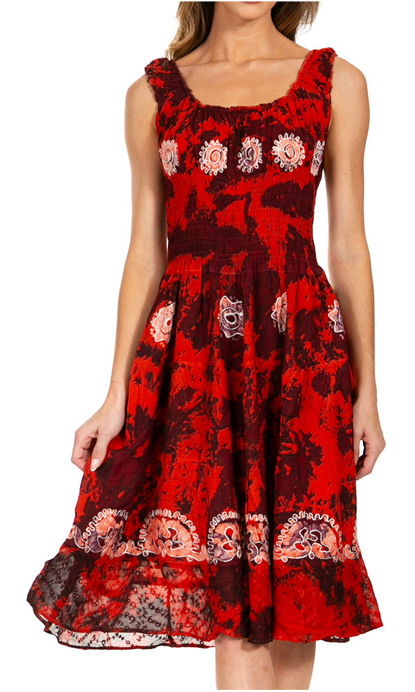 Women's Off-Shoulder Smocked Ruffle Midi Dress – Tie Dye & Embroidery