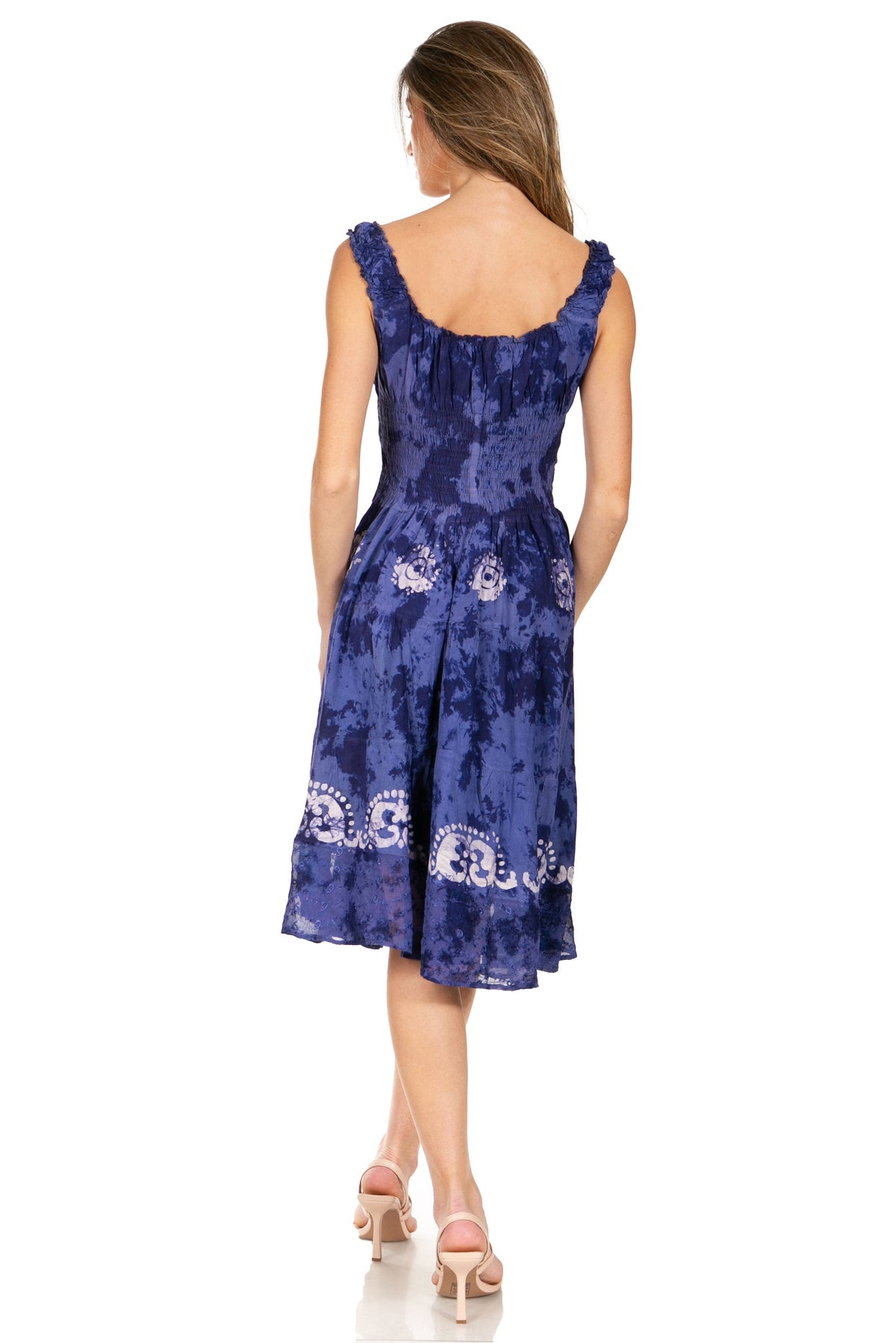 Women's Off-Shoulder Smocked Ruffle Midi Dress – Tie Dye & Embroidery