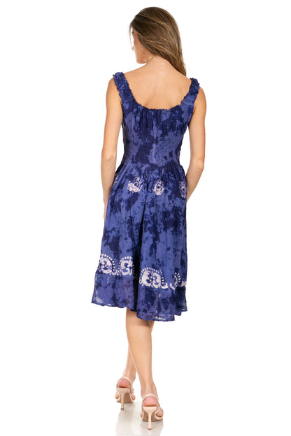 Women's Off-Shoulder Smocked Ruffle Midi Dress – Tie Dye & Embroidery