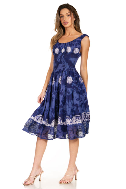 Women's Off-Shoulder Smocked Ruffle Midi Dress – Tie Dye & Embroidery