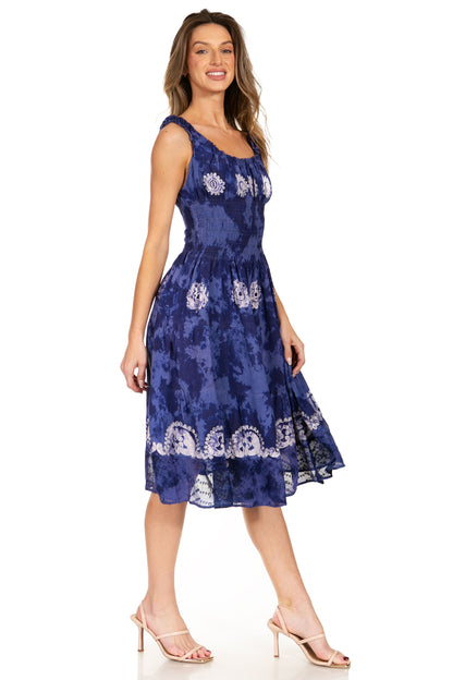 Women's Off-Shoulder Smocked Ruffle Midi Dress – Tie Dye & Embroidery