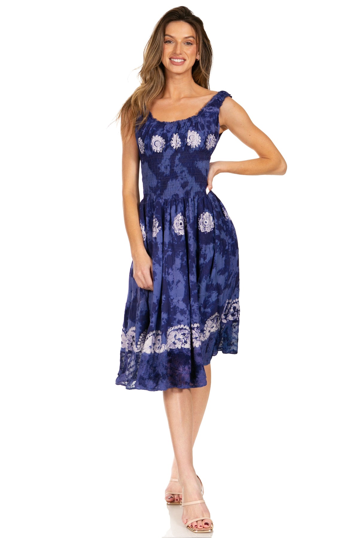 Women's Off-Shoulder Smocked Ruffle Midi Dress – Tie Dye & Embroidery