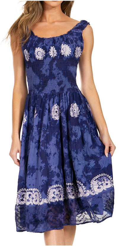 Women's Off-Shoulder Smocked Ruffle Midi Dress – Tie Dye & Embroidery