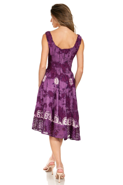 Women's Off-Shoulder Smocked Ruffle Midi Dress – Tie Dye & Embroidery
