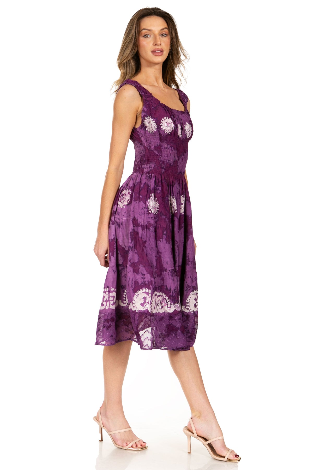 Women's Off-Shoulder Smocked Ruffle Midi Dress – Tie Dye & Embroidery