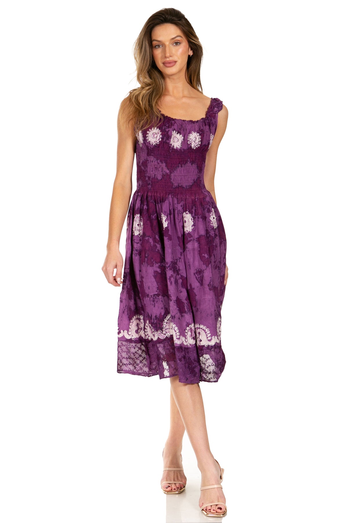 Women's Off-Shoulder Smocked Ruffle Midi Dress – Tie Dye & Embroidery