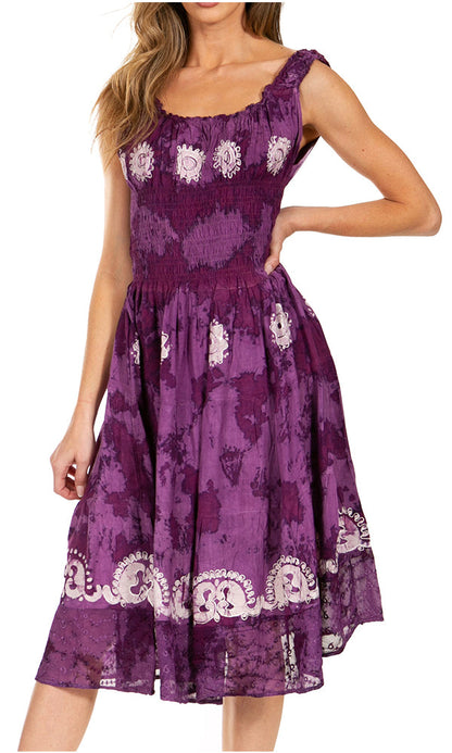 Women's Off-Shoulder Smocked Ruffle Midi Dress – Tie Dye & Embroidery