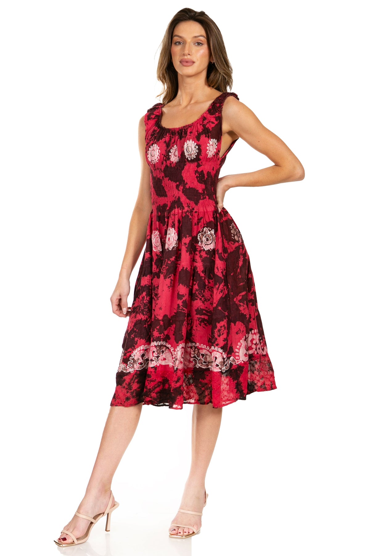 Women's Off-Shoulder Smocked Ruffle Midi Dress – Tie Dye & Embroidery