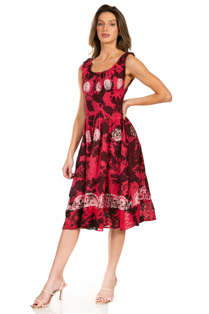 Women's Off-Shoulder Smocked Ruffle Midi Dress – Tie Dye & Embroidery