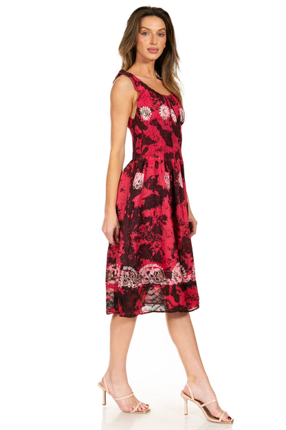 Women's Off-Shoulder Smocked Ruffle Midi Dress – Tie Dye & Embroidery
